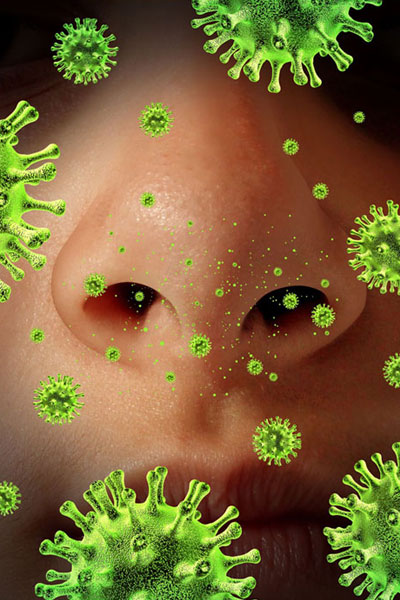 Nahaufnahme einer Nase, im Vordergrund große stilisierte Pollen